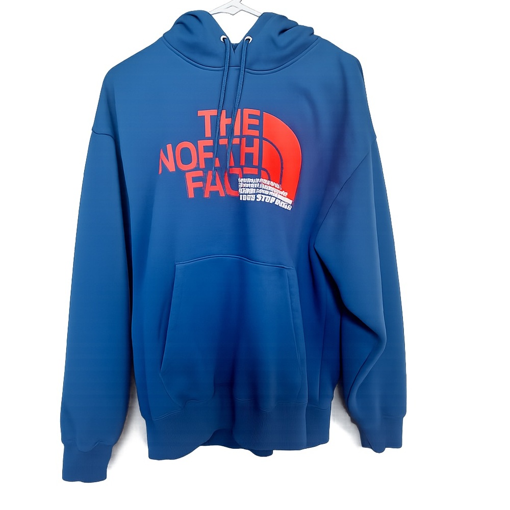 Men’s The North Face Blue Pullover Hoodie Orange Logo Size Medium